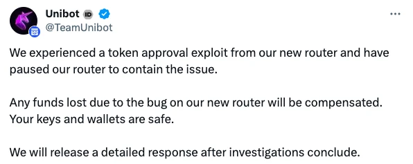 Unibot遭攻击损失超50万美元,TG BOT安全性遭受质疑