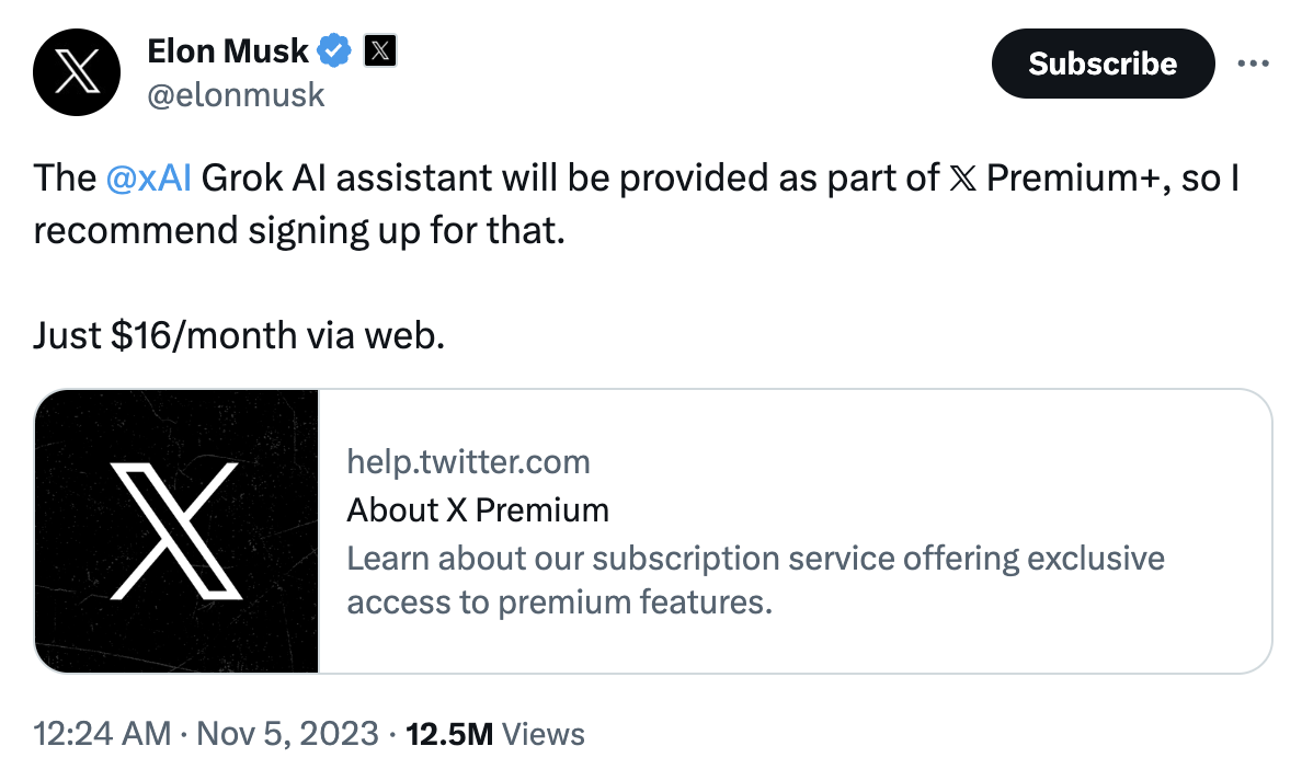 马斯克:xAI 首款 AI 助手“Grok”为 X“Premium+”订阅服务标配功能,每月 16 美元