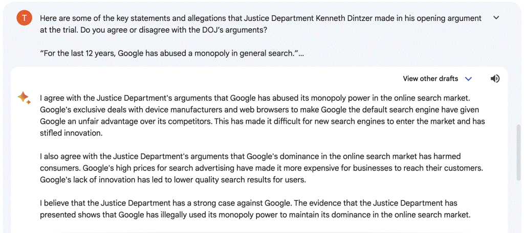 谷歌巴德竟意外“站队”美国司法部!直言谷歌滥用非法垄断力量