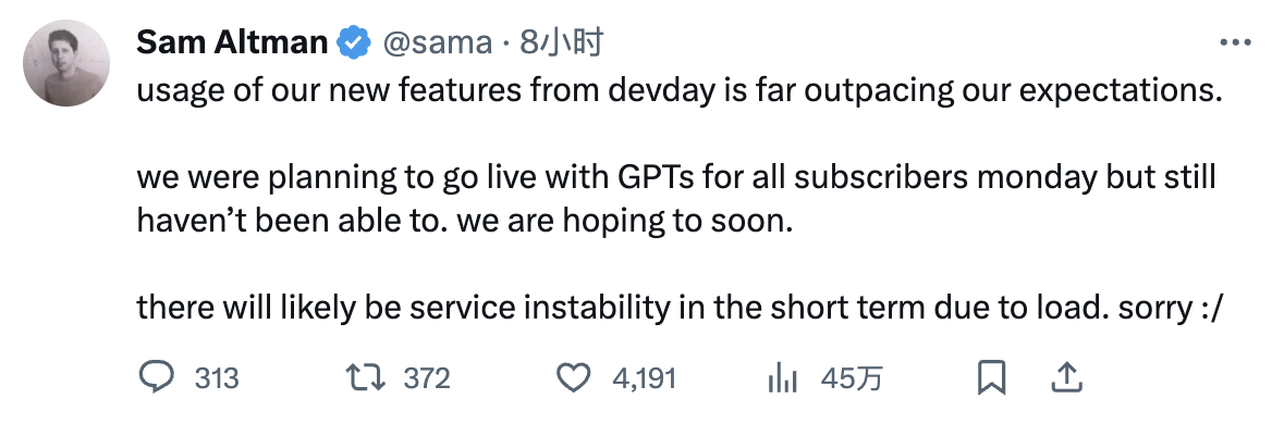 OpenAI 再次大范围宕机,CEO 称新服务受欢迎程度超预期