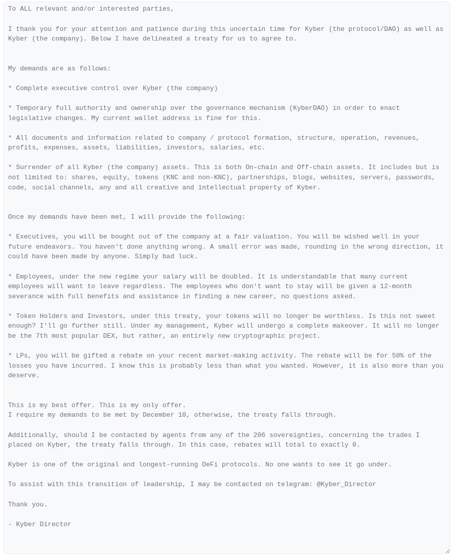 黑客变「Kyber董事」?KyberSwap攻击者扬言要接管协议