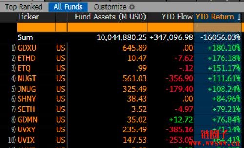 二倍反向以太币ETF年度表现强劲,仅次于三倍做多黄金矿业ETN