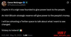 前UFC冠军Conor McGregor参选爱尔兰总统,还呼吁比特币战略储备 前UFC冠军Conor McGregor参选爱尔兰总统,还呼吁比特币战略储备