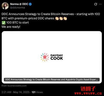 港资美商日日煮 (DayDayCook,DDC) 已买进100颗BTC,加速比特币储备计划