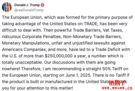 川普称要对苹果及欧盟征收关税,引发美股及加密货币市场崩盘